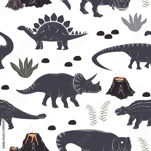 Vector seamless pattern with cute different dinosaurs, plants and volcano. Cartoon landscape of Jurassic period with dino. Pastel texture for kids wallpaper, fabrics and different surfaces