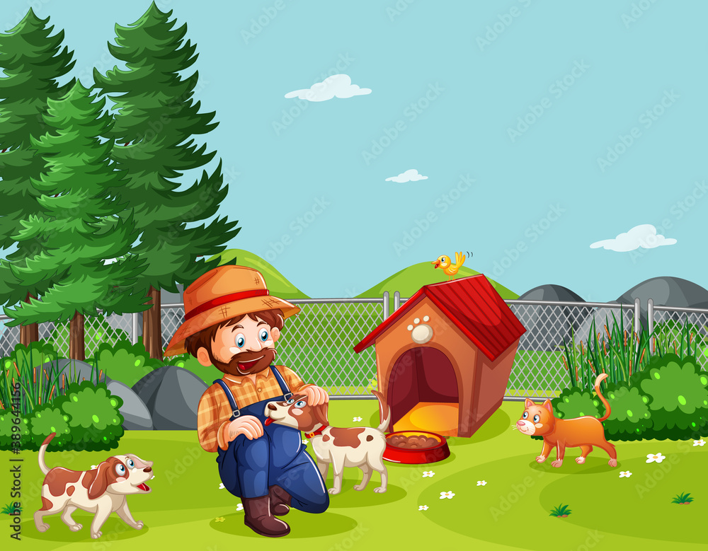 Fototapeta premium Farmer with animal farm in farm scene in cartoon style