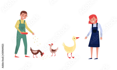 People Farmers Feeding Hen and Ducks Vector Illustration Set