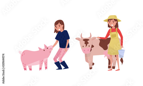 Woman Farmer Taking Care of Cow and Pig Vector Illustration Set