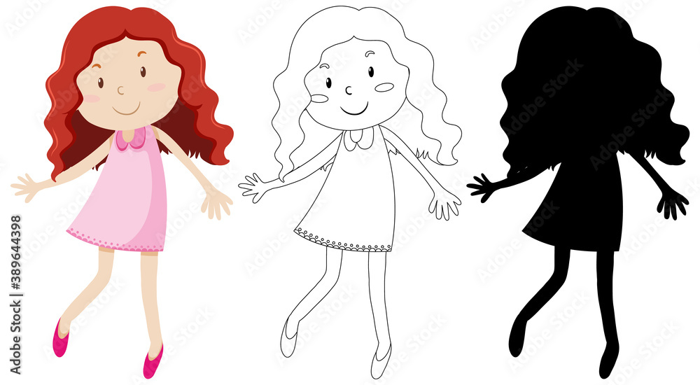 Cute curl hair girl in colour and outline and silhouette Cute curl hair girl in colour and outline and silhouette