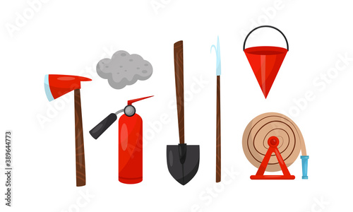 Active Fire Protection Devices with Rolled Firehose and Fire Bucket Vector Set