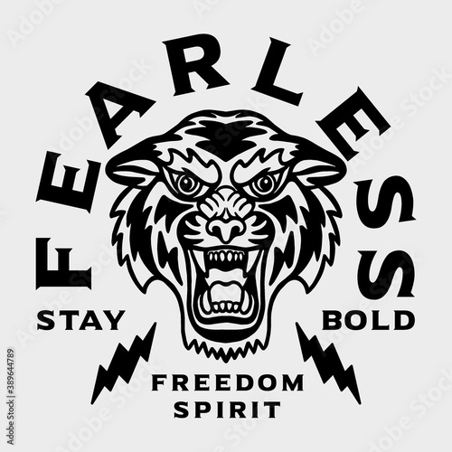 B&W Fearless Tiger Illustration with A Slogan Artwork on White Background for Apparel or Other Uses