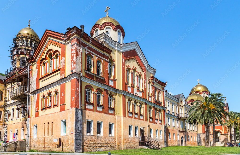 New Athon, Abkhazia - June 10, 2015: Cathedral of St. Panteleimon the Great Martyr in the New Athos Monastery. The cathedral, built in 1888-1900, is the largest monastery of Abkhazia.