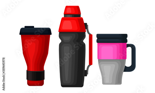 Thermos Bottle or Vacuum Flask as Vessel for Liquid Storage Vector Set