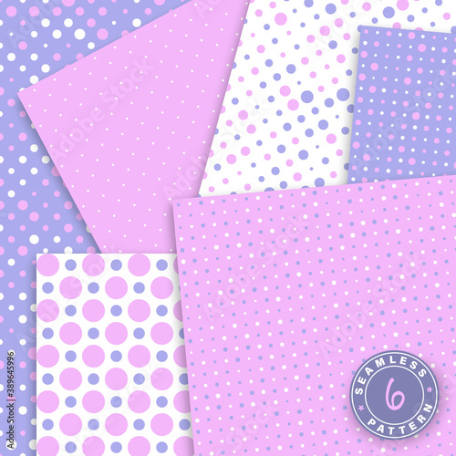 Cute seamless pattern set. Pink, violet colors. Polka dot pattern. Paper set mockup. Vector.