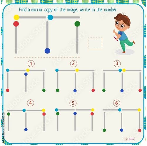 Logic puzzle game for children. Select and write down the number of the correct mirror image of the figure. Development of spatial thinking