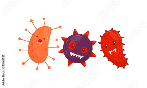 Cute Bacteria or Virus Floating and Smiling Vector Set