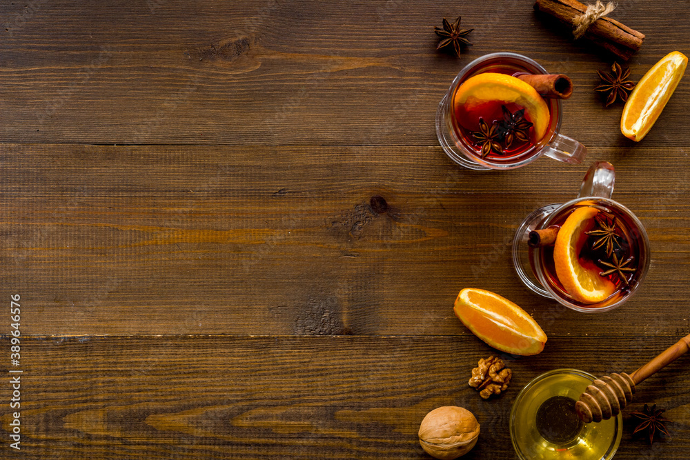 Christmas mulled wine - holiday background with fir branches and spices