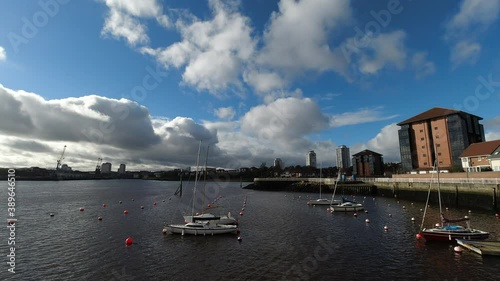 Timelapse footage of the River Wear leading to Sunderland from the North Sea including some boats at the Sunderland Marina.