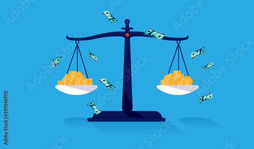 Equal pay - Scale with money showing equal salary and pay. Economic fairness and justice concept. Vector illustration.
