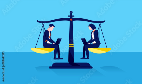 Gender equality in the workplace - Businessman and woman on scale with equal weight between the genders. Vector illustration. photo