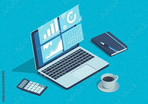 Isometric business analysis concept with laptop