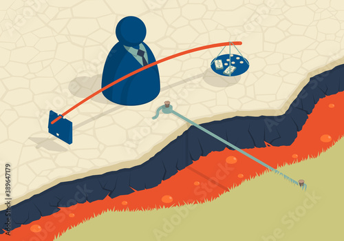 Abstract businessman standing in front of lava river. Isometric illustration on the theme of risk.