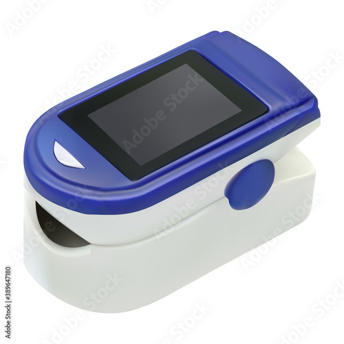 Pulse Oximeter, realistic finger medical device isolated on white. Health care icon blood saturation test. Vector illustration