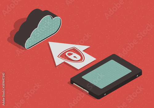 Cloud storage technology. Isometric backup concept. Data transfer process