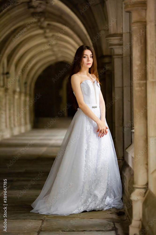 Beautiful girl wearing white wedding dress posing alone at a castle hall Beautiful girl wearing white wedding dress posing alone at a castle hall