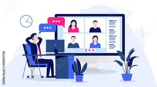 Remote meeting - Man sitting in home office having video meeting with colleagues online. Work from home concept. Vector illustration.