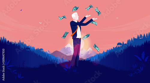Retirement savings - Senior man with money standing outdoors, feeling free and having financial stability. Happy retirement concept. Vector illustration.