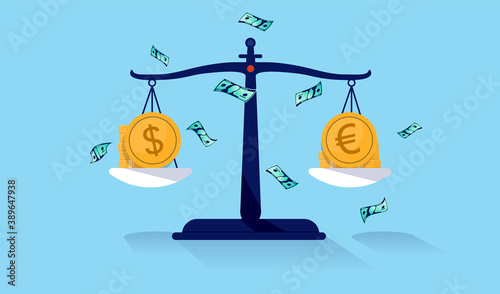 Dollar vs Euro - Weight scale comparing the value of Dollars and Euros. Vector illustration.