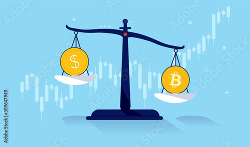 Bitcoin vs dollar - Coins on weight scale with financial graph in background. Vector illustration.