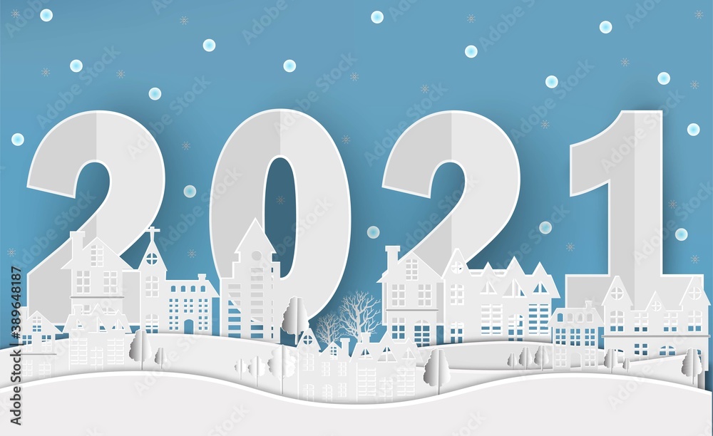 Fototapeta 2021 szczęśliwego nowego roku i Paper city wyciąć 2021 słowo na nowy rok festival.card, happy, Vector concept paper art i obchody nowego roku.