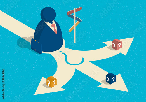 Isometric illustration on the theme of choice way with abstract businessman standing at crossroad