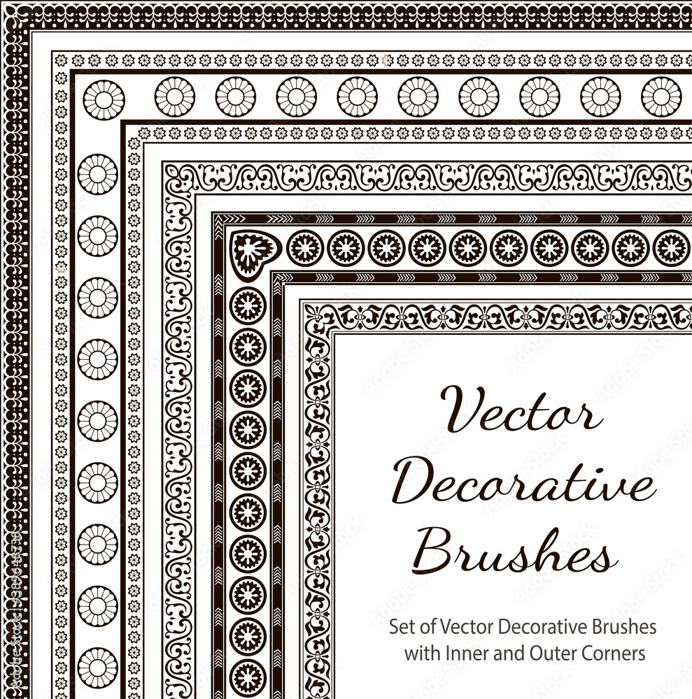 Obraz premium Decorative vector brushes with inner and outer corner.