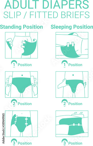 Adult Diapers Slip Fitted Briefs, How to wear a diaper steps. Simple manual in illustrations for diapers packs or other information