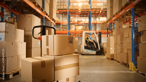 Big Retail Warehouse full of Shelves with Goods Stored on Manual Pallet Truck in Cardboard Boxes and Packages. Forklift Driving in Background. Logistics and Distribution Facility for Product Delivery photo