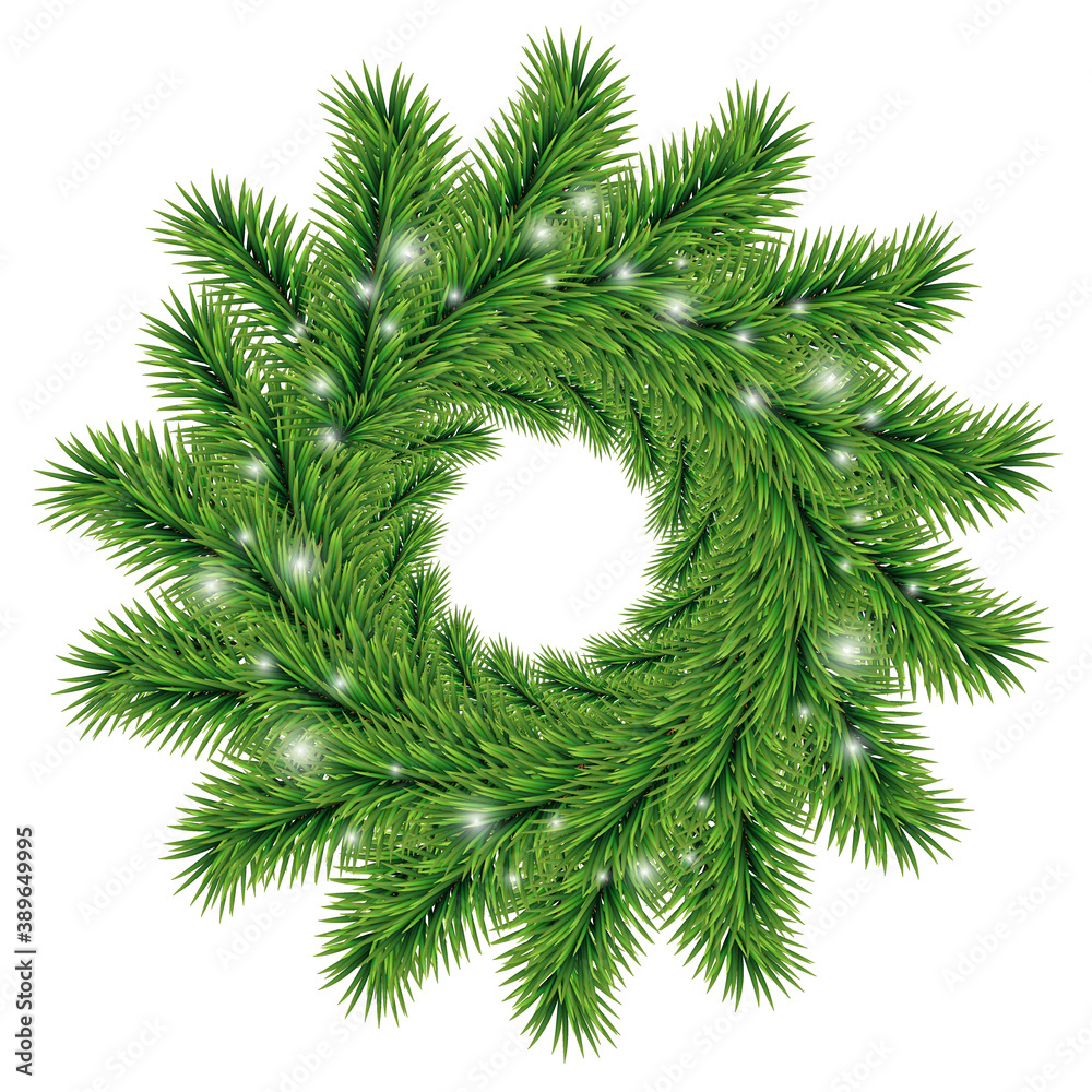 Christmas wreath of realistic Christmas tree branches Element for festive design isolated on white background Vector illustration