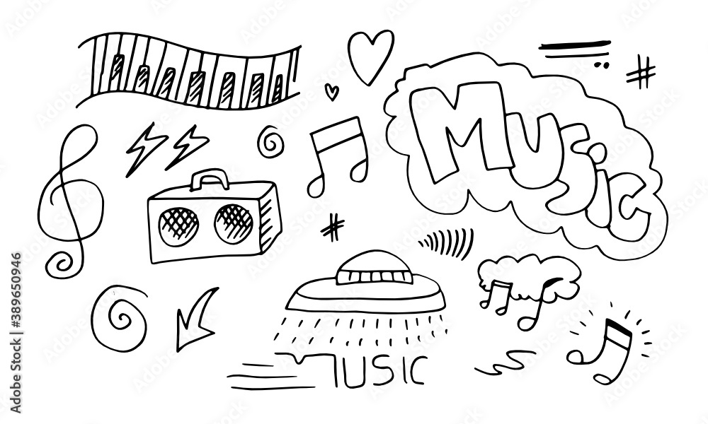 Hand drawn sketch set of music culture doodles, instruments, notes, signs and symbols Hand drawn sketch set of music culture doodles, instruments, notes, signs and symbols