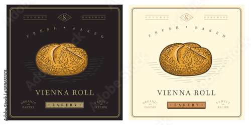 Vienna roll bun with sesame retro vintage illustration