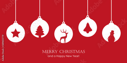 red christmas card with star tree balls decoration vector illustration EPS10