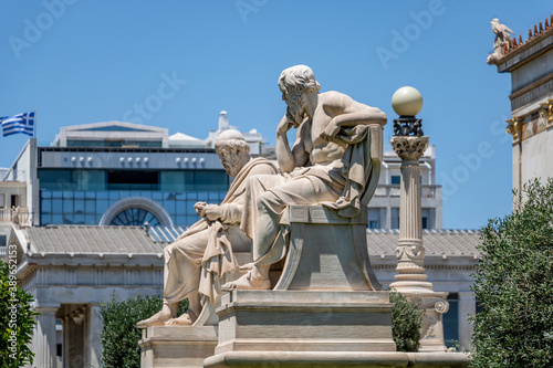 The Academy of Athens, statue of Plato and Socrates, Athena and Apollo