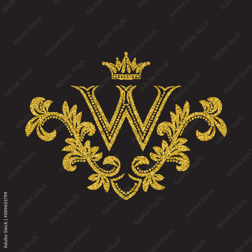 Golden glittering letter W monogram in vintage style. Heraldic coat of arms with halftone effect. Baroque logo template.