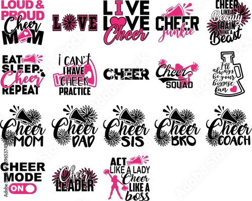 Set of Cheer quotes. Cheeleader silhouette. Pompoms vector photo