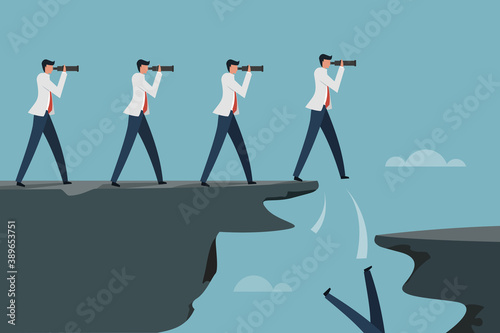 Time lapse illustration of a Businessman falling  from a cliff while looking though a binocular to find long target