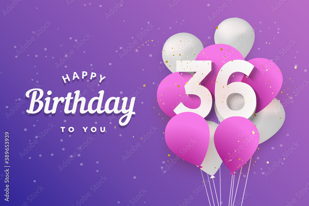 Happy 36th birthday balloons greeting card background. 36 years anniversary. 36th celebrating with confetti. Vector stock	