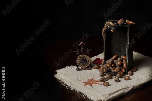 Material of autumn acorn on linen with retro style decorations. photo