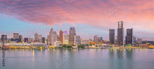 Cityscape of Detroit skyline in Michigan  USA at sunset