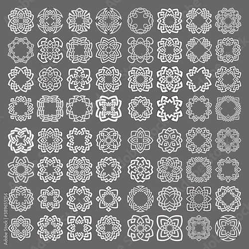 Mega set of round frames. Sixty four patterned circles. Quadrangular decorative elements for logo or monogram design. Mandalas collection of white lines with black strokes on gray background.