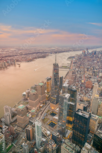Aerial view of Manhattan skyline at sunset  New York City