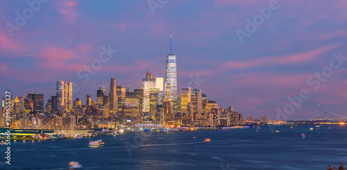 Cityscape of Manhattan skyline at sunset, New York City