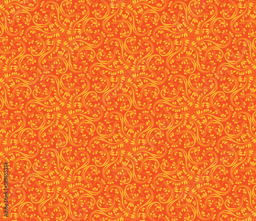 Vintage seamless pattern. Repeating background for festive wrapping design. Golden orange floral ornaments in hexagonal array. 