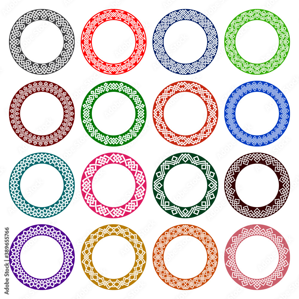 Set of circular patterns in celtic knotting style. Sixteen plates colored ornaments. Round decorative elements for design.