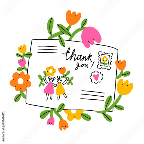 Letter for a friend, cartoon envelope with flowers, vector illustration
