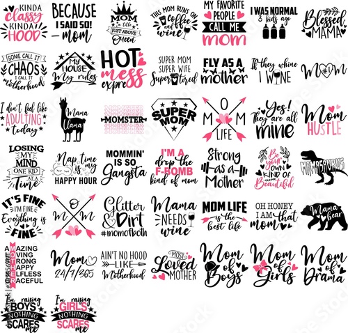 Momlife quote set. Motherhood illustration. Cute lettering