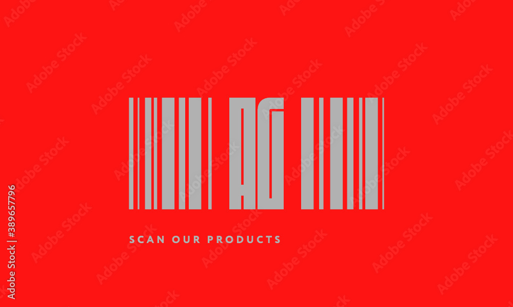 Premade barcode logo initials monogram  silver modern bar code on red background