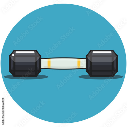 A cartoon illustration icon of a dark grey Hexagon dumbbell with yellow lines on the handle grip and coloured background